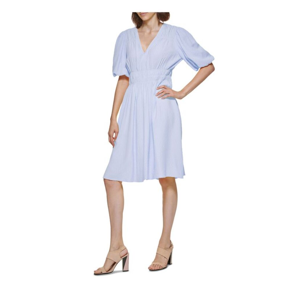 CALVIN KLEIN Womens Light Blue Pullover Pouf Sleeve Fit + Flare Dress 12